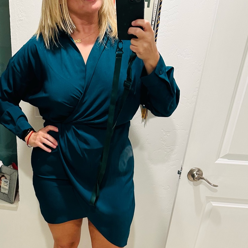 Express Asymmetrical Teal Dress - Faux Wrap - Size Medium - long sleeve